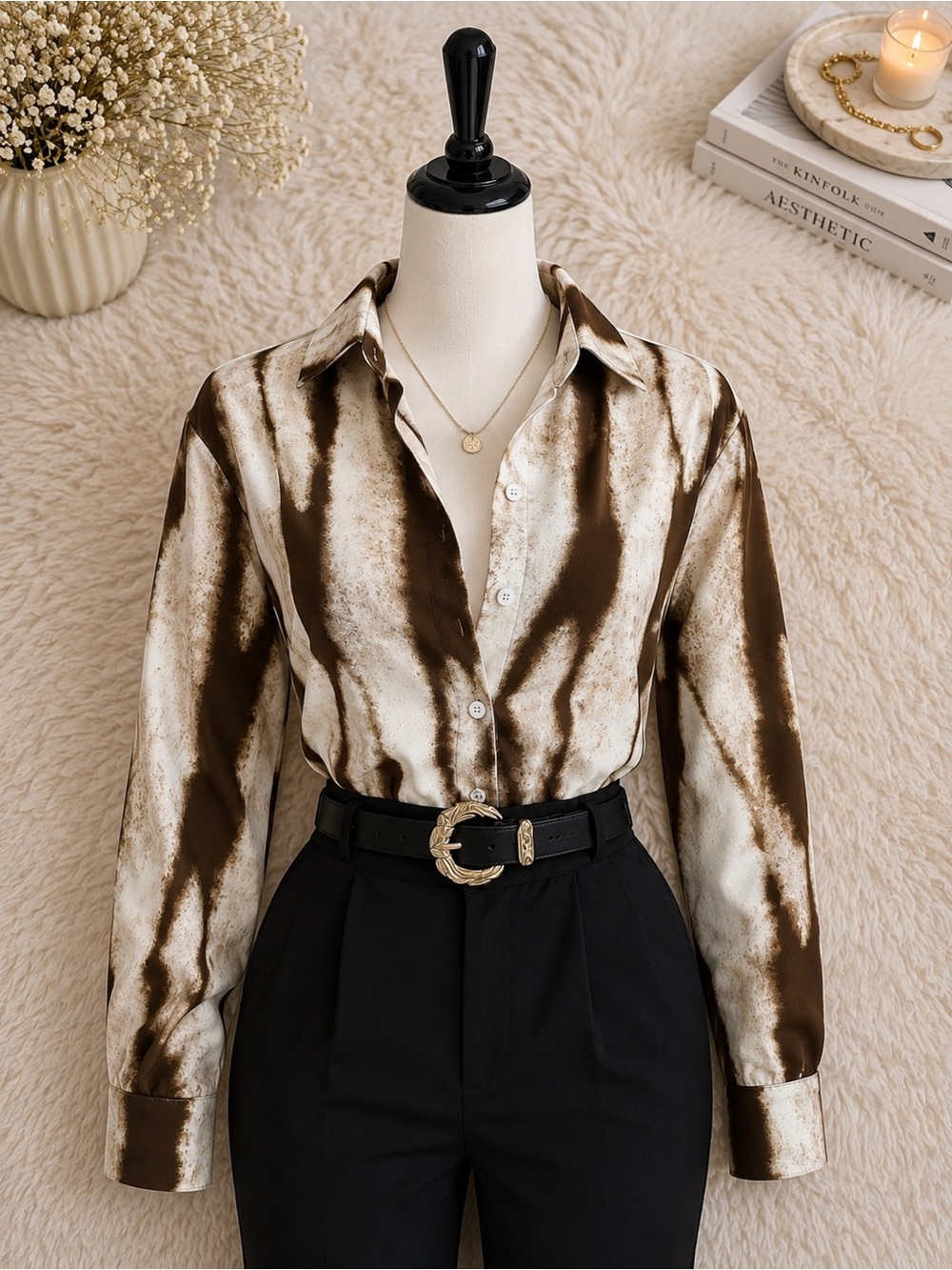 Brown and Cream Satin Marble-Print Button-Up Blouse